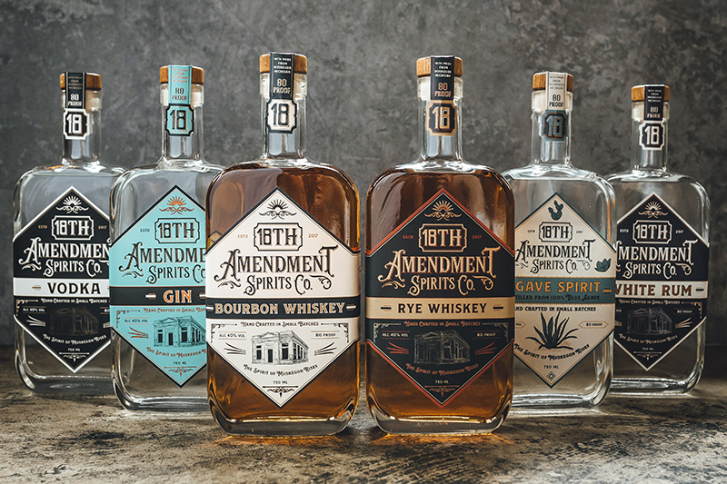 bottle design with new brand and logo for 18th Amendment Spirit bottles