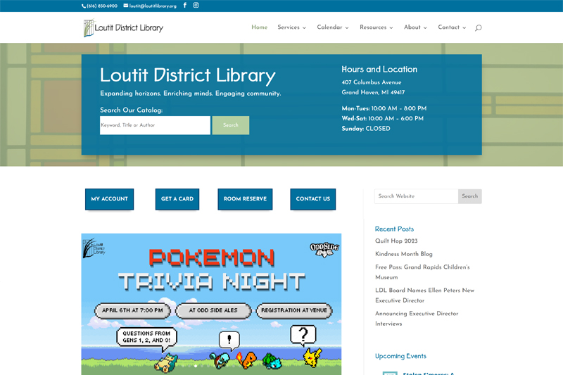 Loutit District Library in Grand Haven website design homepage with search bar, announcements, and patron information