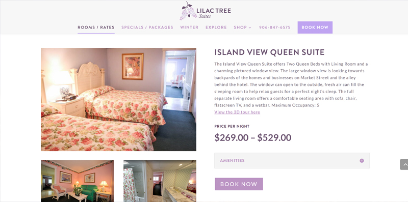 web design for rooms page featuring hotel rooms