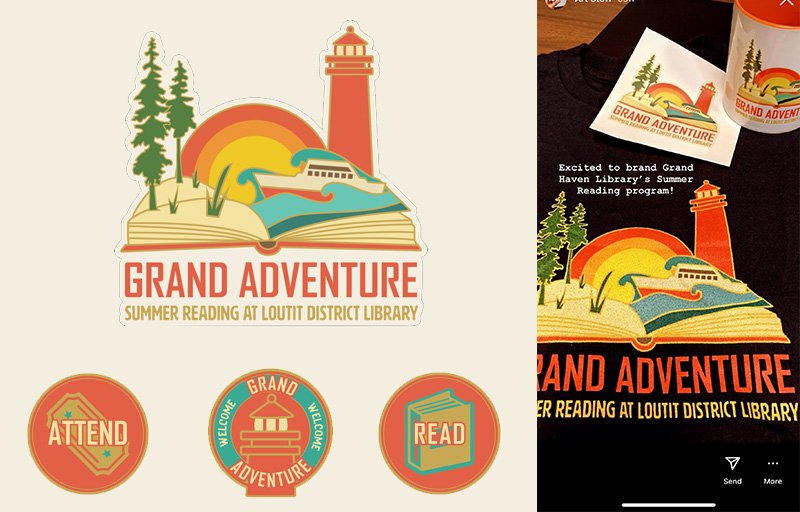 summer reading logo design and rebrand for loutit shows logo with ship, book and dunes