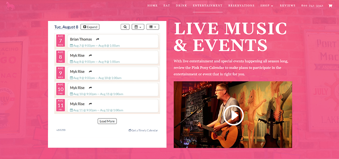 events calendar and entertainment page on Pink Pony website