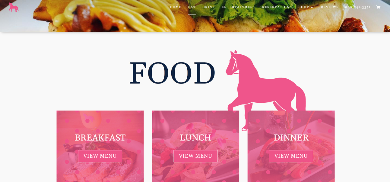 menu web design page of Pink Pony new site features food