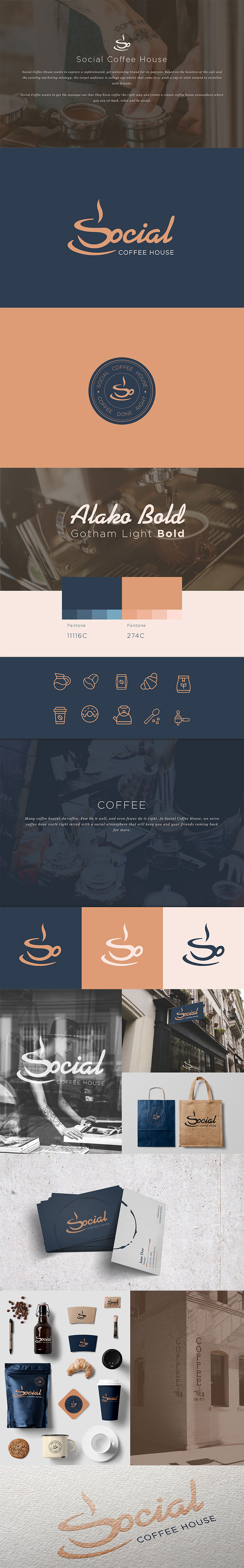 Social Coffehouse's brand presentation showcasing new logo design, color use, typography and mockups