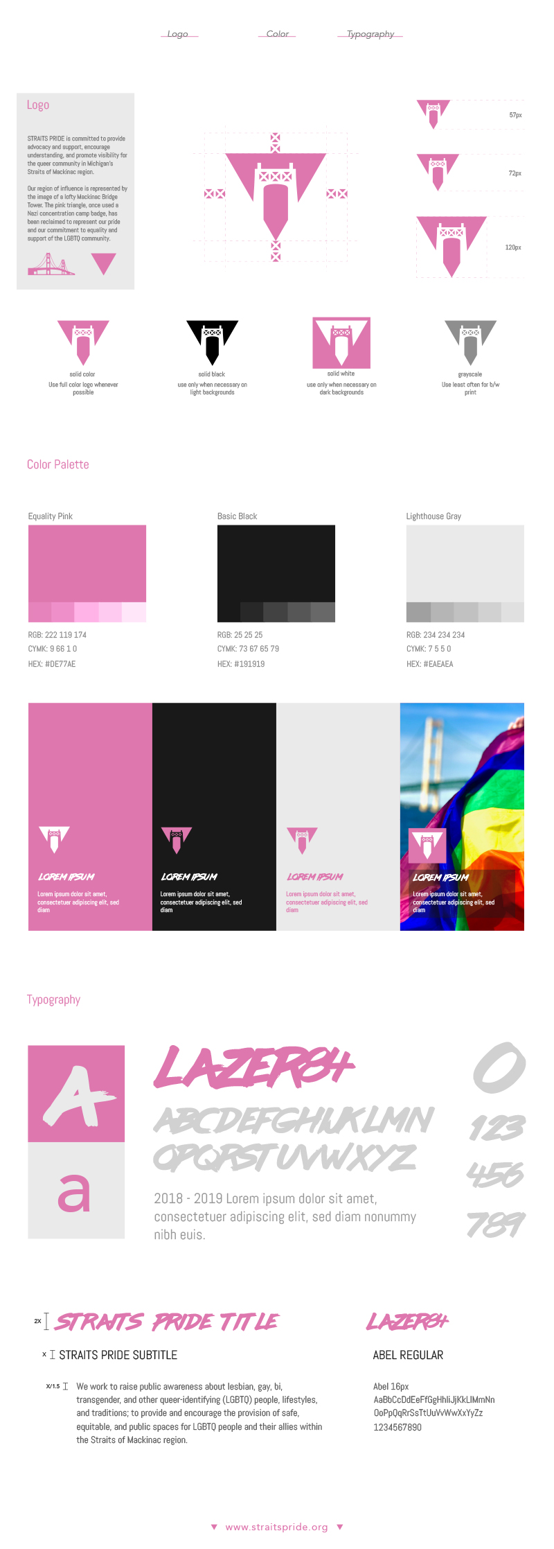 Brand guidelines created for Straits Pride that includes logo use, color pallette and typography
