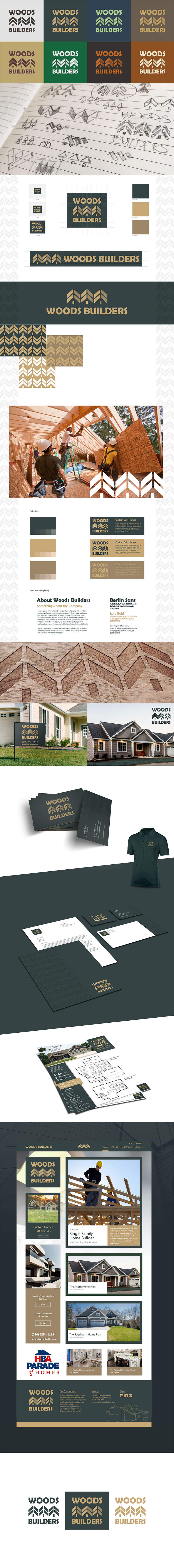 Woods builder's brand presentation showcasing new logo design, color use, typography and mockups