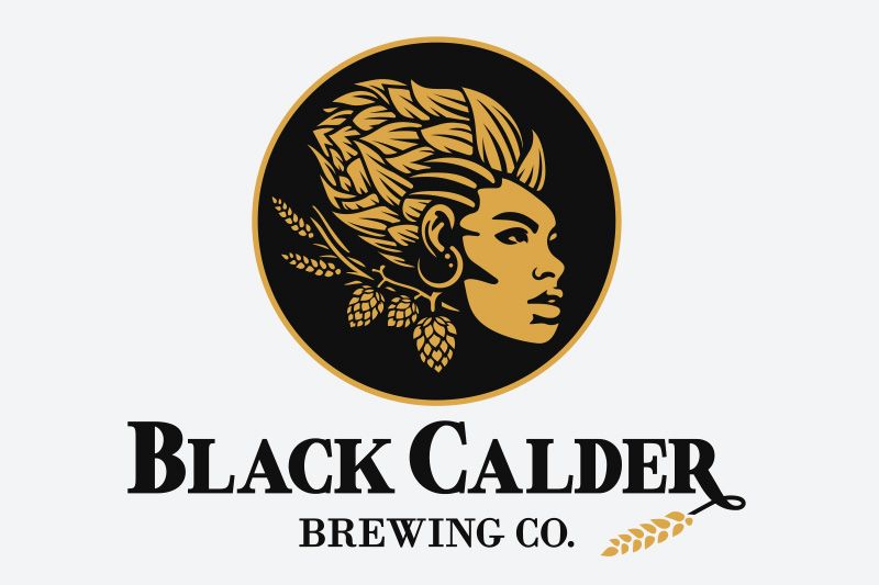 black calder brewery logo featuring face and hops